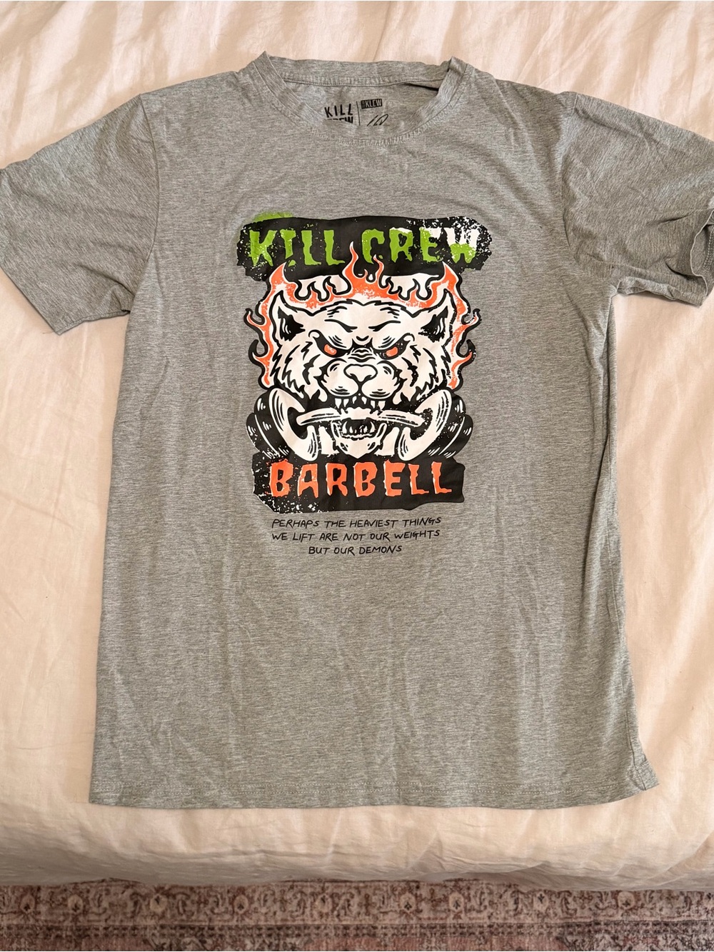 Kill Crew Gray Graphic Tee with Flaming Barbell Mascot